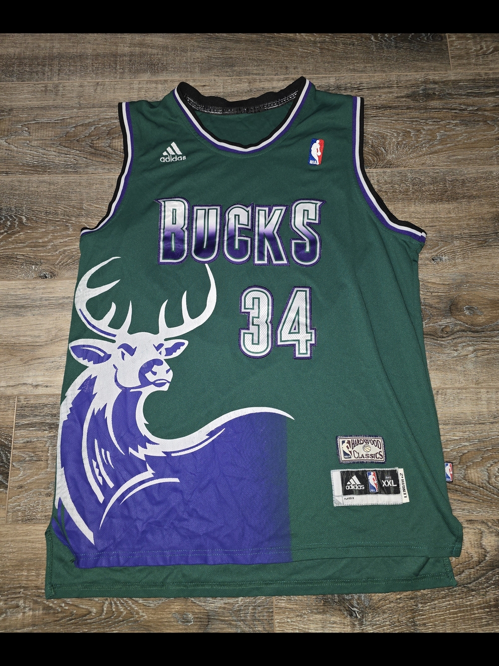 Throwback Ray Allen Miluakee Bucks Adidas Hardwood Classics Jersey XXL +2 Length